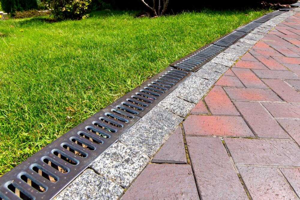 iron grate between walkway and grass
